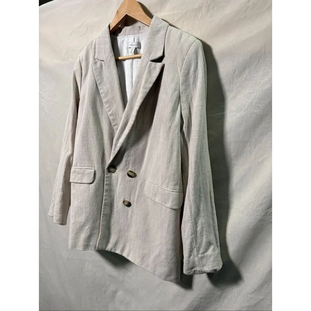 Topshop Double Breasted Blazer Womens US 10 Beige Cotton Oversized Jacket